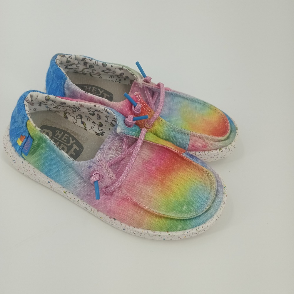 Hey Dude Wendy Youth Rainbow Tie Dye Unicorn Slip On Loafers Shoes Kids Size 12